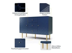 Cômoda 3 Gavetas, com 2 Portas e Pés Metal, Motivo Escamas, Cantos Arredondados, Azul 120x40x83cm