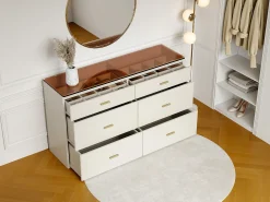 Cômoda 6 gavetas em MDF e vidro temperado na cor branco lacado e castanho - MATIRINA