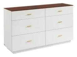 Cômoda 6 gavetas em MDF e vidro temperado na cor branco lacado e castanho - MATIRINA