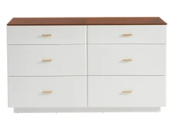 Cômoda 6 gavetas em MDF e vidro temperado na cor branco lacado e castanho - MATIRINA