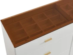 Cômoda 6 gavetas em MDF e vidro temperado na cor branco lacado e castanho - MATIRINA