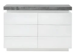 Cómoda 6 gavetas em MDF lacado com LEDs HALO II. Cor: cinza cimento e branco