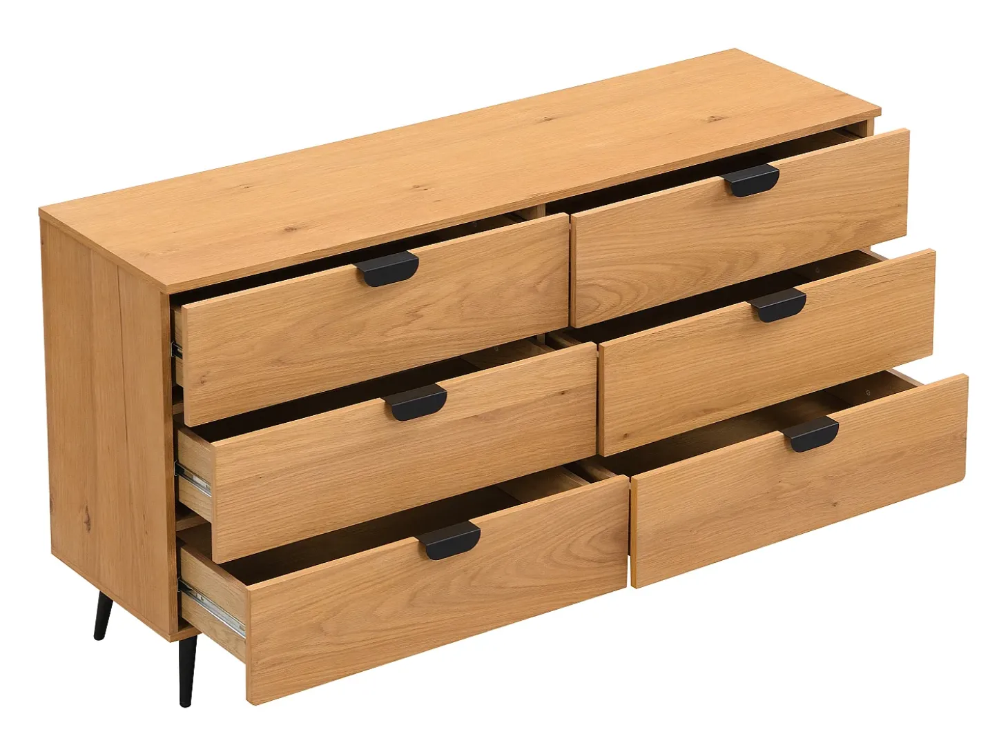 Cómoda 6 gavetas MDF de cor natural e preto - SINOLO