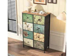 Cómoda 8 gavetas 67,5x30x100cm - Estrutura em metal, gavetas com puxadores em tecido - Padrões retro - Preto