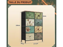 Cómoda 8 gavetas 67,5x30x100cm - Estrutura em metal, gavetas com puxadores em tecido - Padrões retro - Preto
