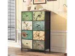 Cómoda 8 gavetas 67,5x30x100cm - Estrutura em metal, gavetas com puxadores em tecido - Padrões retro - Preto