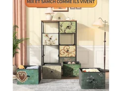Cómoda 8 gavetas 67,5x30x100cm - Estrutura em metal, gavetas com puxadores em tecido - Padrões retro - Preto