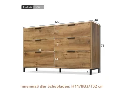 Cômoda, aparador com 6 gavetas, 120 x 40 x 76 cm, Aglomerado + metal, Carvalho escuro
