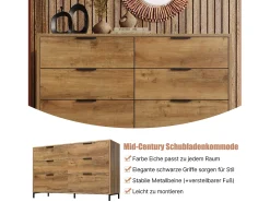 Cômoda, aparador com 6 gavetas, 120 x 40 x 76 cm, Aglomerado + metal, Carvalho escuro