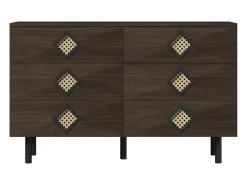 Cómoda baixa em nogueira com 6 gavetas, puxadores em rattan em forma de losango 120x40x74,5cm
