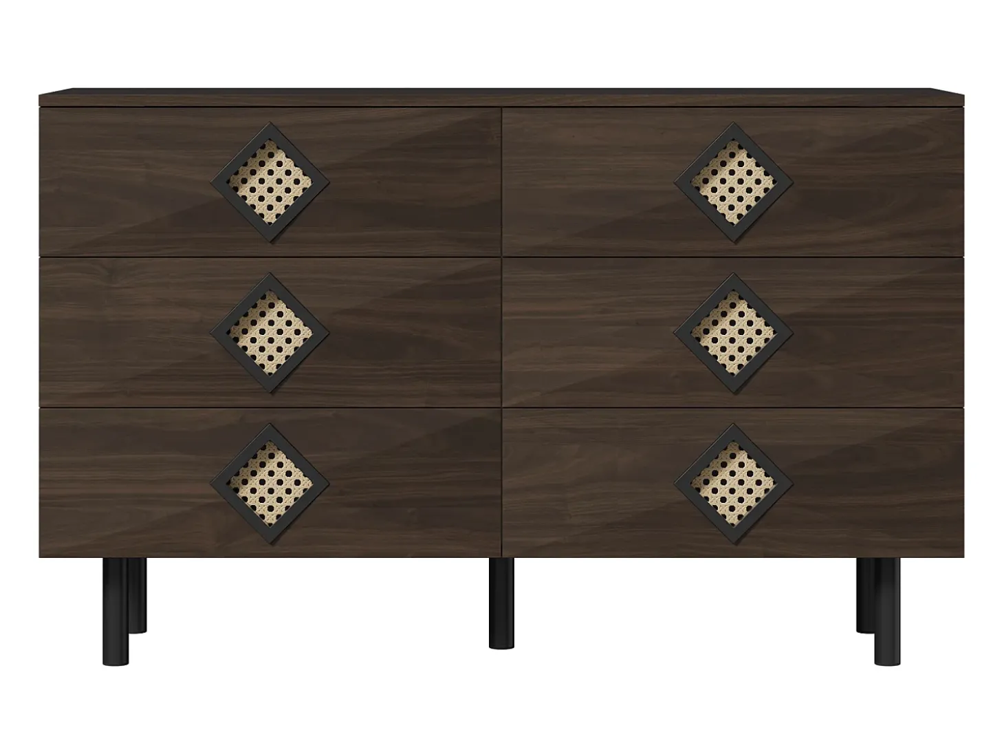 Cómoda baixa em nogueira com 6 gavetas, puxadores em rattan em forma de losango 120x40x74,5cm