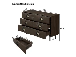 Cómoda baixa em nogueira com 6 gavetas, puxadores em rattan em forma de losango 120x40x74,5cm