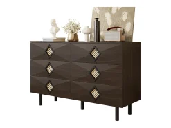 Cómoda baixa em nogueira com 6 gavetas, puxadores em rattan em forma de losango 120x40x74,5cm