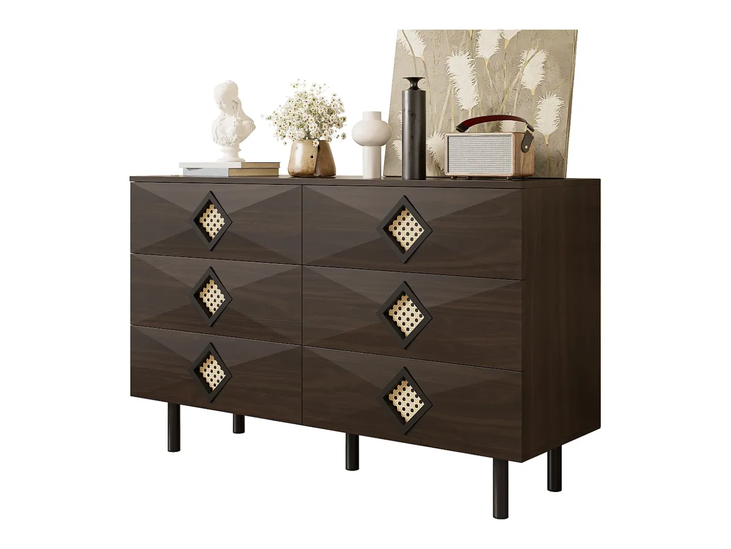 Cómoda baixa em nogueira com 6 gavetas, puxadores em rattan em forma de losango 120x40x74,5cm