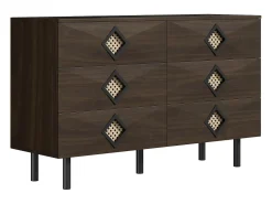 Cómoda baixa em nogueira com 6 gavetas, puxadores em rattan em forma de losango 120x40x74,5cm