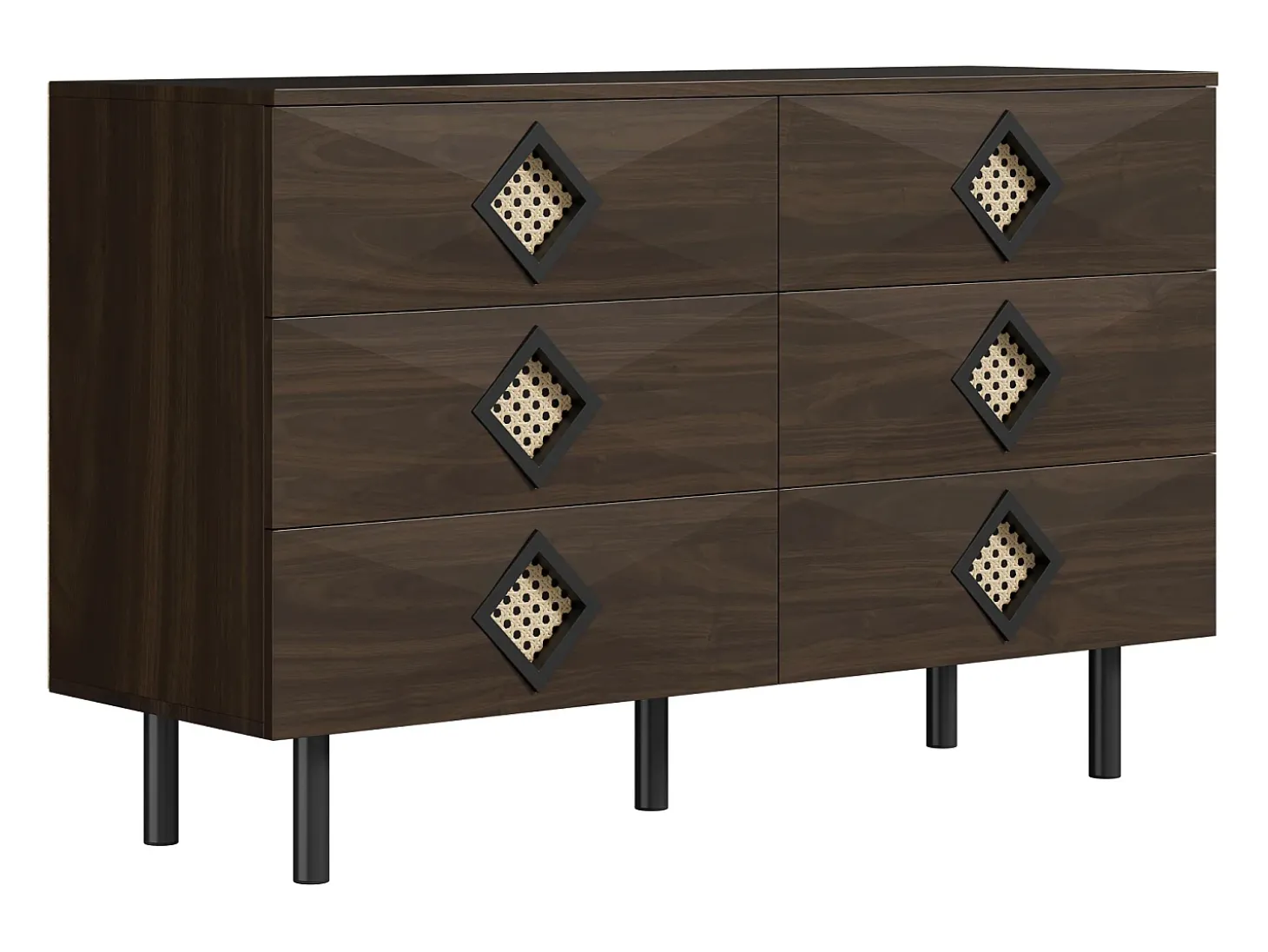 Cómoda baixa em nogueira com 6 gavetas, puxadores em rattan em forma de losango 120x40x74,5cm