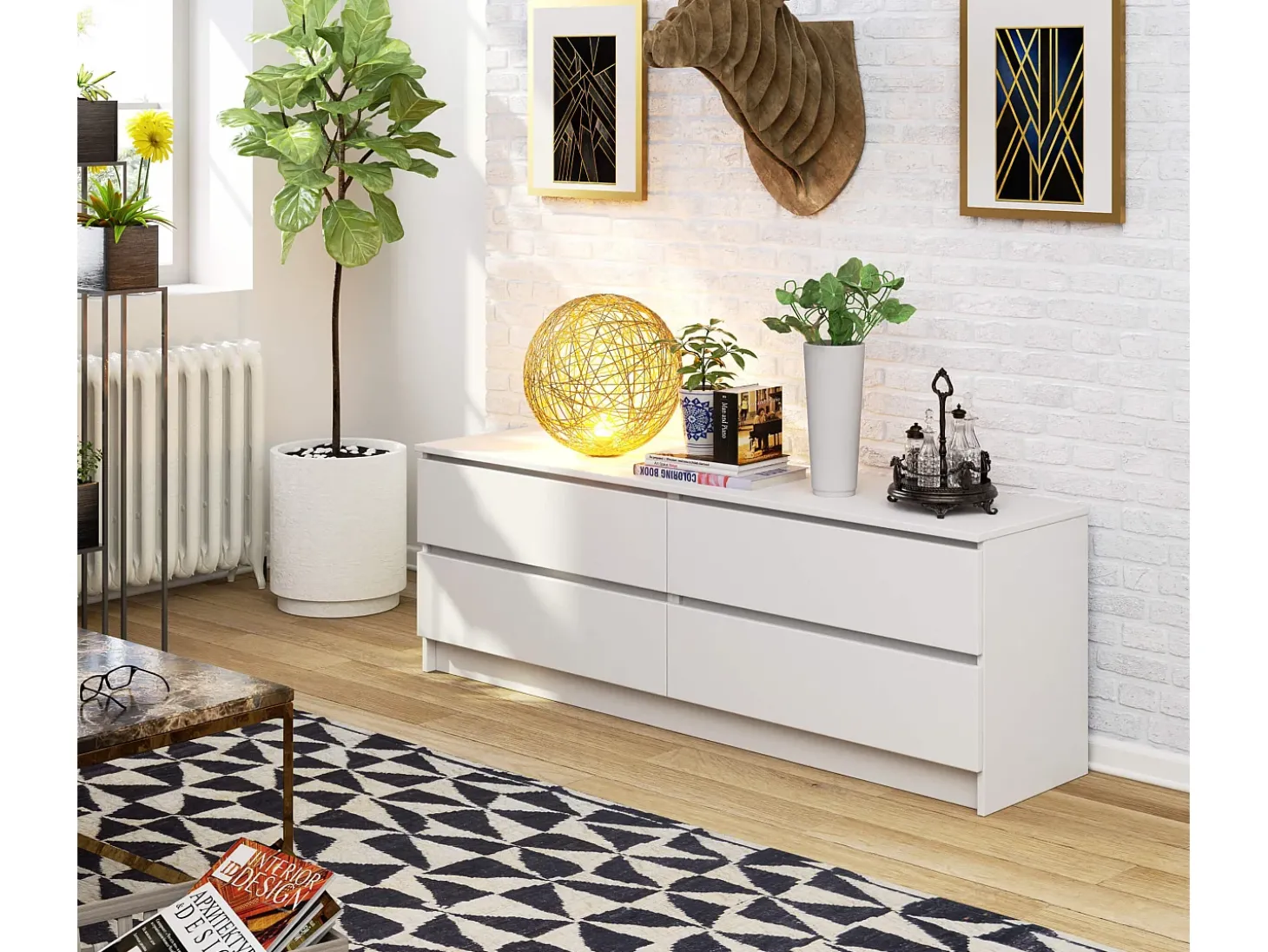 Cômoda Branca Moderna K160 c/ 4 Gavetas - Acabamento Fosco, 160cm