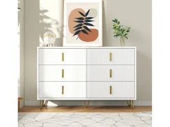 Cômoda com 6 gavetas - 120 x 44 x 77 cm - Aglomerado e pés em metal dourado - Branco