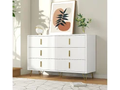 Cômoda com 6 gavetas - 120 x 44 x 77 cm - Aglomerado e pés em metal dourado - Branco