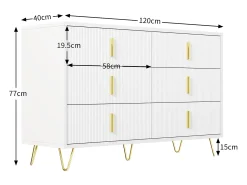 Cômoda com 6 gavetas - 120 x 44 x 77 cm - Aglomerado e pés em metal dourado - Branco