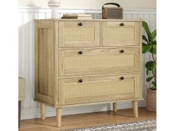 Cômoda com 4 gavetas - 80 x 40 x 80 cm - gavetas de vime - módulo de arrumação - aglomerado - natural