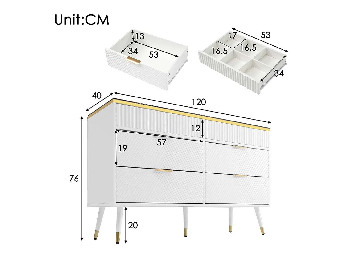 Cômoda com 6 gavetas - 120 x 40 x 76 cm - vidro âmbar e aglomerado - branco -