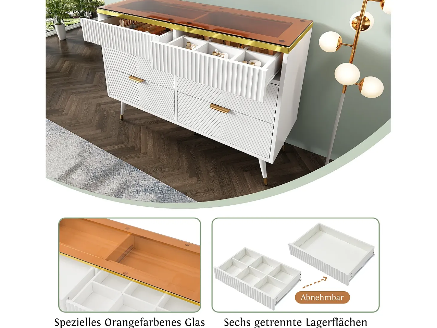 Cômoda com 6 gavetas - 120 x 40 x 76 cm - vidro âmbar e aglomerado - branco -