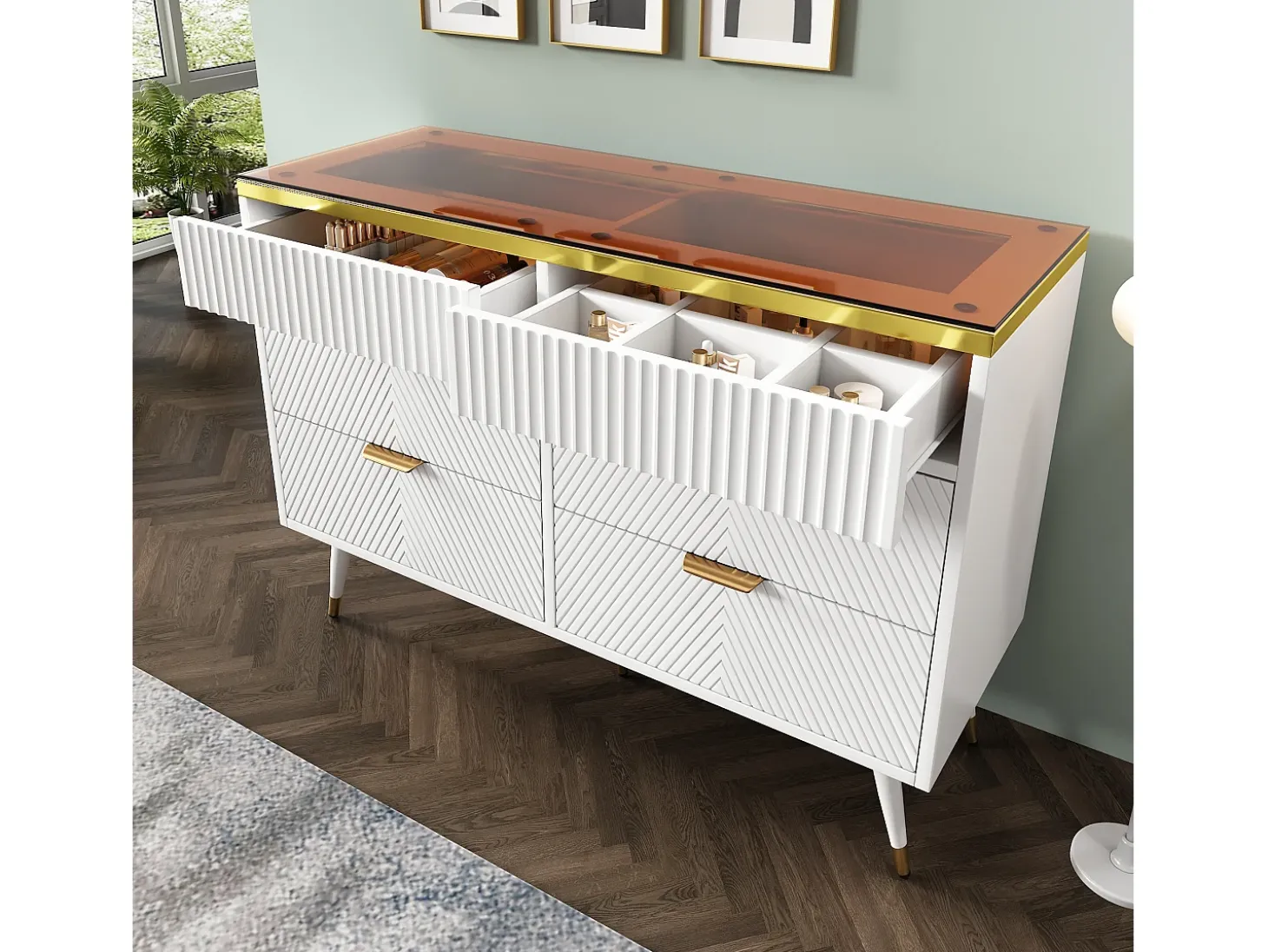 Cômoda com 6 gavetas - 120 x 40 x 76 cm - vidro âmbar e aglomerado - branco -
