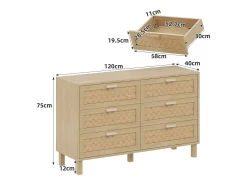 Cómoda com 6 gavetas - Gavetas com aspeto de vime - Cor de madeira clara