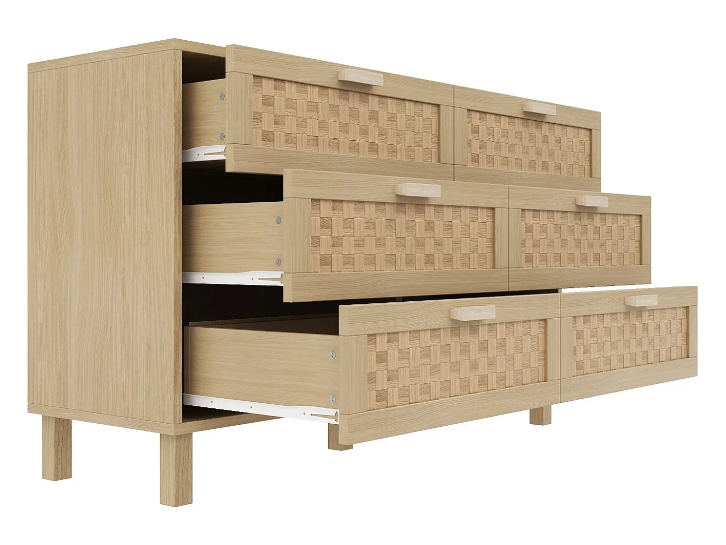 Cómoda com 6 gavetas - Gavetas com aspeto de vime - Cor de madeira clara