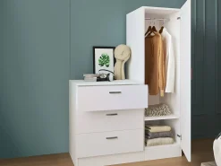Cômoda com 3 gavetas, armário e espelho branco - VITORIO