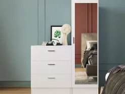 Cômoda com 3 gavetas, armário e espelho branco - VITORIO