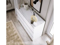 Cômoda com 6 gavetas: Branco Mate / Branco Mármore TOP, 120 x 78,5 x 39 cm