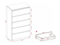 Cómoda com 5 gavetas: Branco mate, 70 x 39 x 125 cm