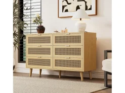 Cômoda com 6 gavetas de rattan - 120 x 40 x 76,5 cm - Aglomerado + puxadores de metal - Carvalho