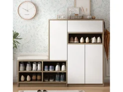 Cômoda com 6 gavetas de rattan - 120 x 40 x 76,5 cm - Aglomerado + puxadores de metal - Carvalho