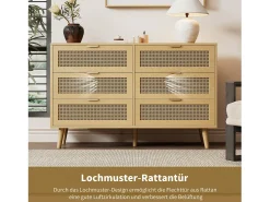 Cômoda com 6 gavetas de rattan - 120 x 40 x 76,5 cm - Aglomerado + puxadores de metal - Carvalho