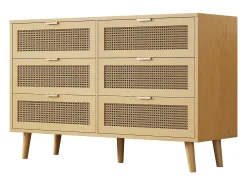 Cômoda com 6 gavetas de rattan - 120 x 40 x 76,5 cm - Aglomerado + puxadores de metal - Carvalho