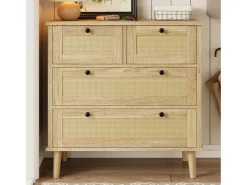 Cômoda com 4 gavetas em rattan e pés de madeira maciça, ideal para quarto ou sala de estar, 80x80x40cm