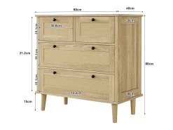 Cômoda com 4 gavetas em rattan e pés de madeira maciça, ideal para quarto ou sala de estar, 80x80x40cm
