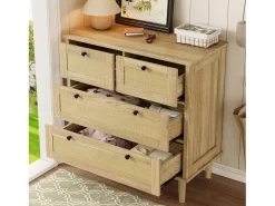 Cômoda com 4 gavetas em rattan e pés de madeira maciça, ideal para quarto ou sala de estar, 80x80x40cm