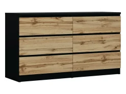 Cômoda com 6 gavetas: Preto Mate / Carvalho Wotan, 138 x 39 x 79 cm