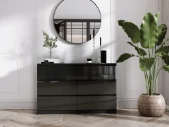 Cômoda com 6 gavetas: Preto fosco / Preto brilhante, 120 x 39 x 79 cm