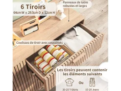 Cômoda com 6 gavetas, puxadores de madeira e pés de apoio, ideal para hall de entrada ou sala de estar, na cor madeira.