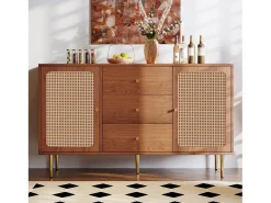 Cômoda com 2 portas e 3 gavetas, padrão rattan, MDF + aglomerado + metal, cor nogueira - H90/L150/D40 cm