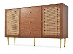 Cômoda com 2 portas e 3 gavetas, padrão rattan, MDF + aglomerado + metal, cor nogueira - H90/L150/D40 cm