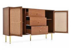 Cômoda com 2 portas e 3 gavetas, padrão rattan, MDF + aglomerado + metal, cor nogueira - H90/L150/D40 cm