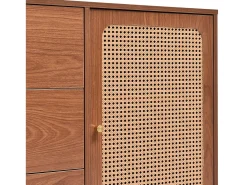 Cômoda com 2 portas e 3 gavetas, padrão rattan, MDF + aglomerado + metal, cor nogueira - H90/L150/D40 cm