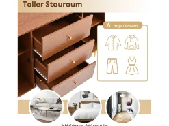 Cômoda com 2 portas e 3 gavetas, padrão rattan, MDF + aglomerado + metal, cor nogueira - H90/L150/D40 cm