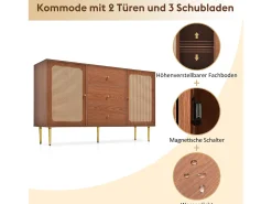 Cômoda com 2 portas e 3 gavetas, padrão rattan, MDF + aglomerado + metal, cor nogueira - H90/L150/D40 cm